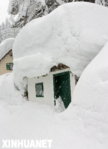 這是2006年2月11日奧地利南部濱湖倫茨的民房被大雪覆蓋。積雪導致這里多處房屋被壓塌。